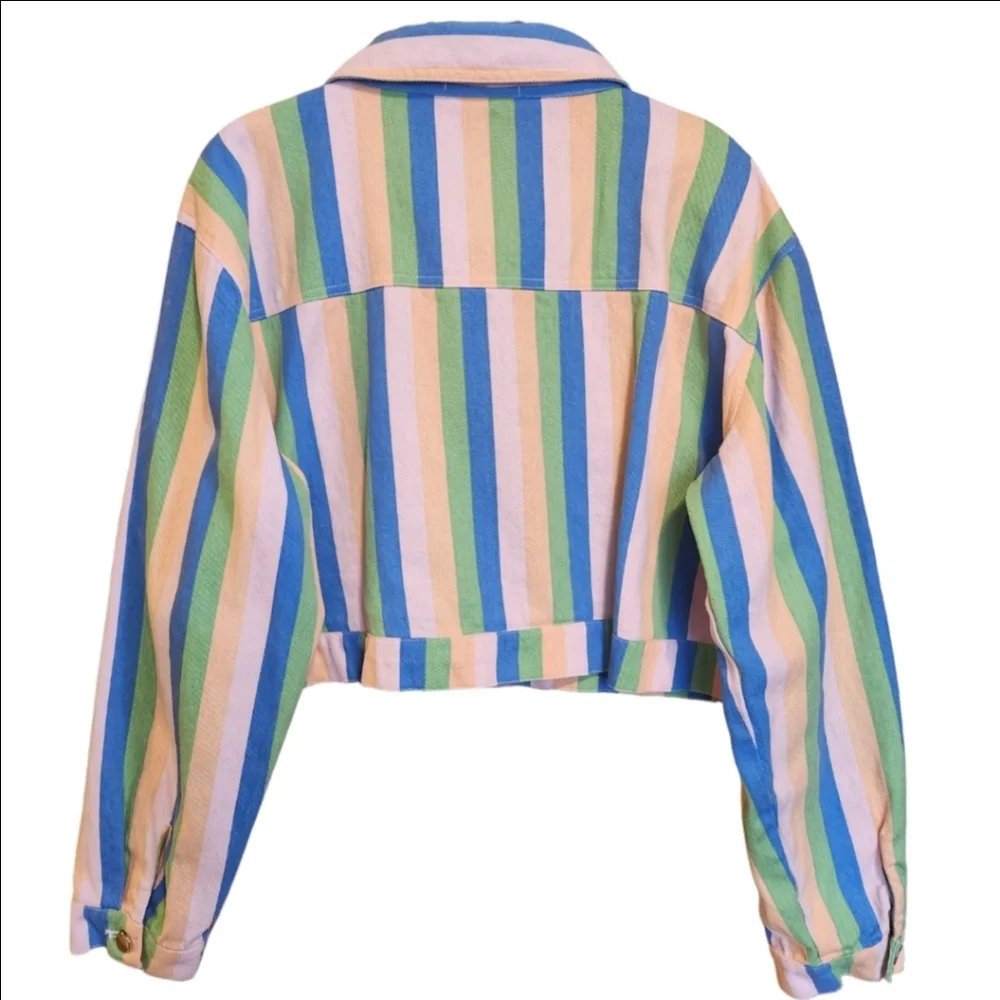 DAISY STREET CROPPED MULTI COLOR STRIPE ALL COTTON TRUCKER JACKET SIZE MEDIUM - Picture 4 of 12